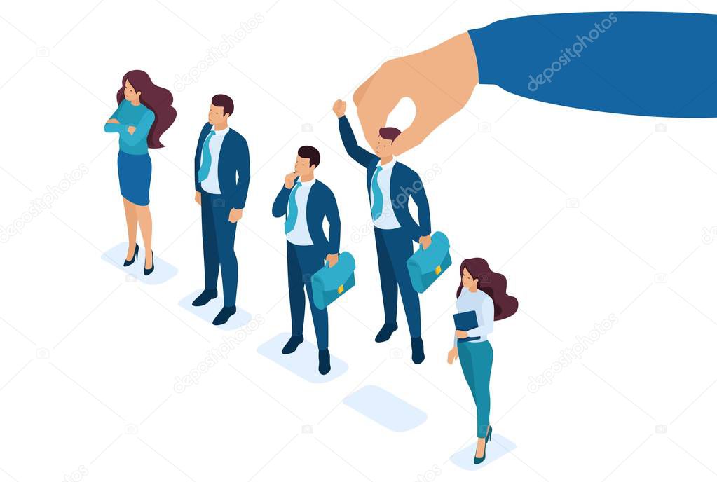 Isometric Employer hand choosing man from selected group of people, recruiting concept. Concept for web design