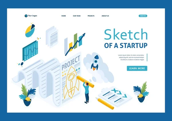 Esboço isométrico uma startup e papel, design sketch empresário. Página inicial do modelo —  Vetores de Stock