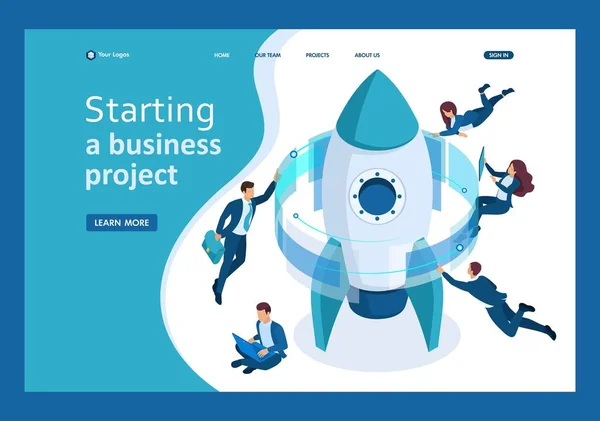 Isométrico iniciar um projeto de negócios, empresários em torno do foguete, trabalhando em uma tela virtual. Página inicial do modelo —  Vetores de Stock