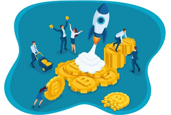 Isometric ICO crowdfunding in the cryptocurrency business have money to invest and start up the project. Concept for web design — Stock Vector