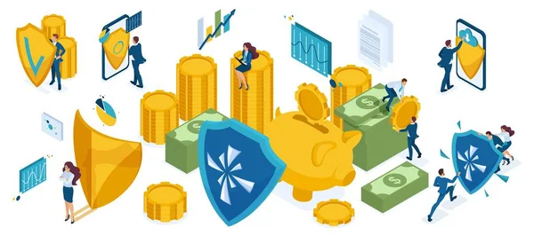 Conjunto de iconos isométricos para la protección del dinero y objetos de valor, inversores, banqueros, empresarios y empresarias — Vector de stock
