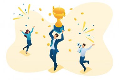 İzometrik başarılı işadamı bir zafer kutluyor ve kupa kazananlar zafer. Web tasarımı için konsept
