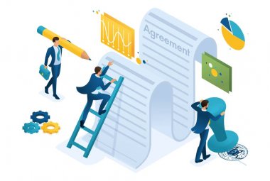 Şirketin çalışanları tarafından anlaşmanın metninin izometrik çalışması ve sözleşmenin imzalanması. Web tasarımı için konsept