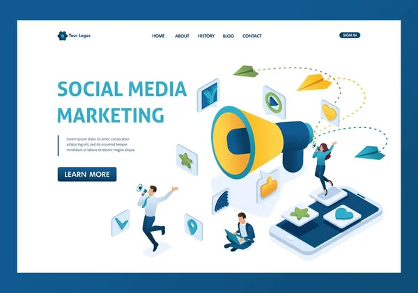 Isométrica Conceito de marketing de mídia social com personagens e um grande megafone. Página inicial do modelo — Vetor de Stock