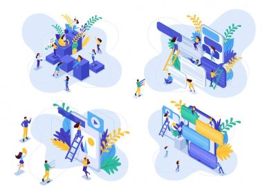 Kadın için izometrik set Concept kariyer merdiven, sosyal ağlarda gençlerin iletişimi. Web sitesi için modern vektör illüstrasyon kavramları