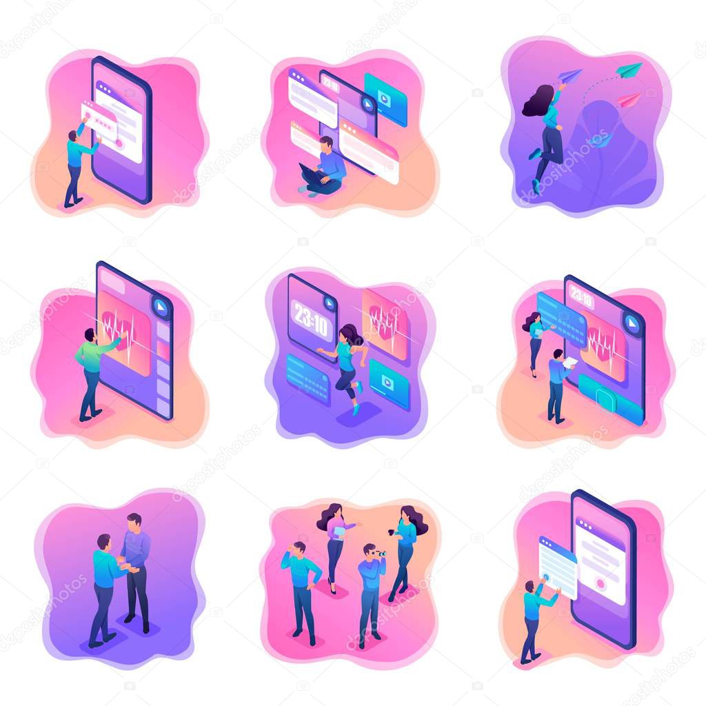 Isometric bright concepts with teenagers or young entrepreneurs. Vector illustration for website design
