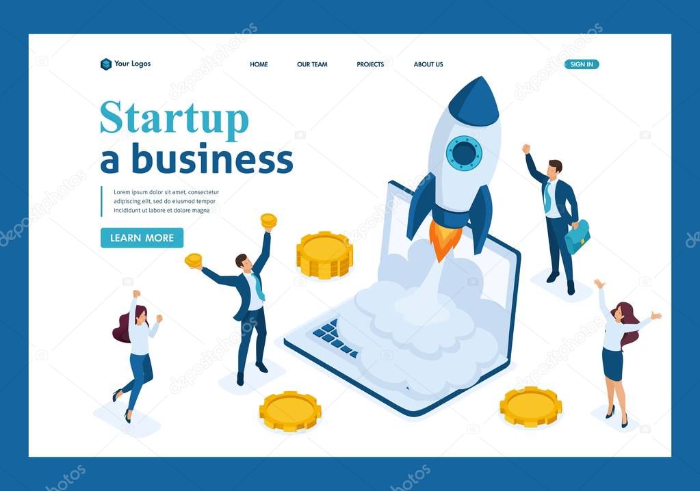 Isometric business startup, businessmen rejoice rocket take-off from laptop, business investment. Template Landing page