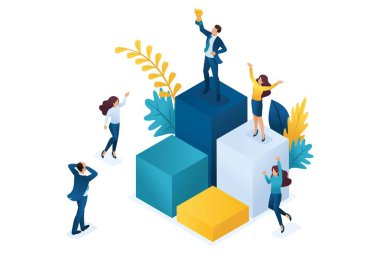 Bir ödül ile podyumda Isometric başarılı lideri, takım başarı sahiptir. Web tasarımı için konsept