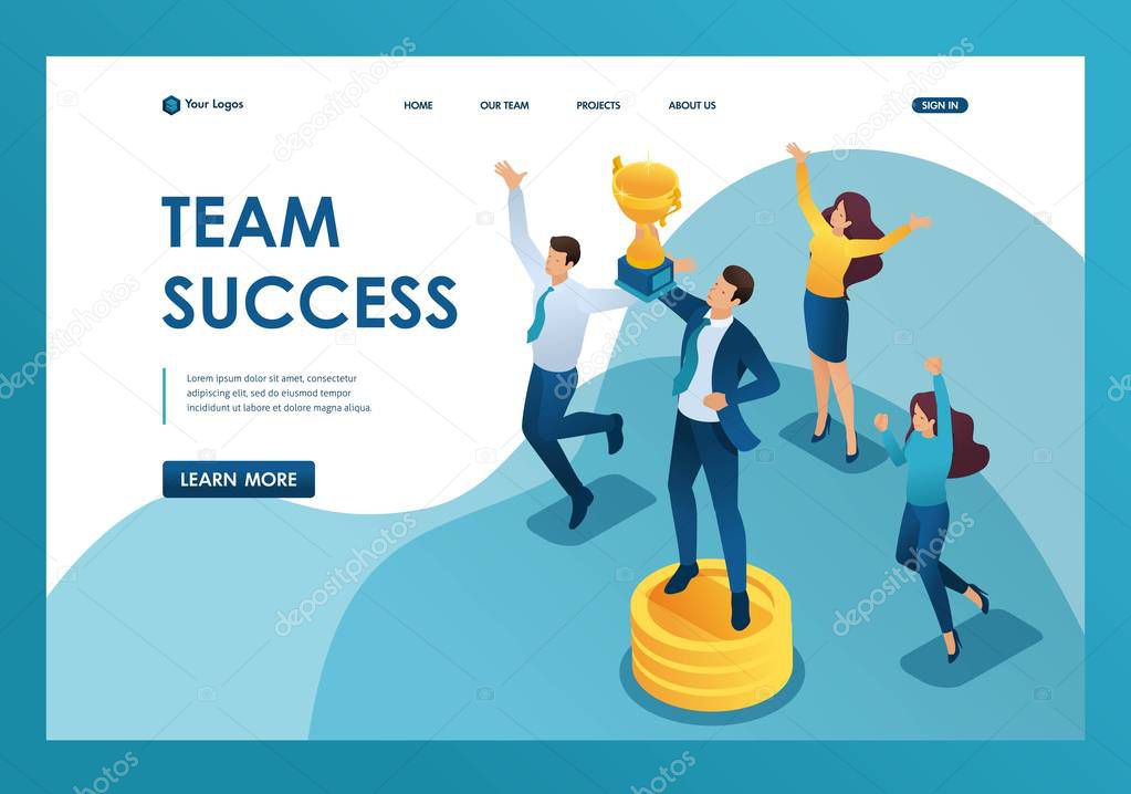 Isometric the team has achieved success, the businessman jumps with a Cup in hand. Template landing page
