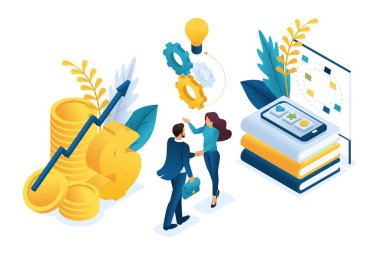 Yatırımcı ve yaratıcı ekip arasındaki Isometric iş ortaklığı. Web tasarımı için kavram
