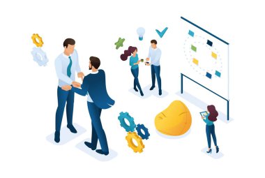 Şirketler ve çalışanlar arasındaki Isometric iş birliği. Web tasarımı için kavram