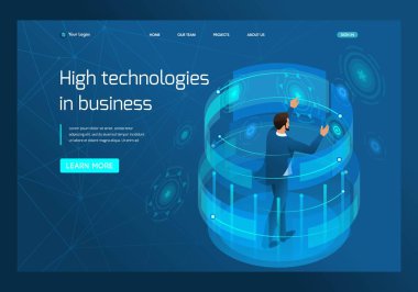 İş dünyasında isometrik yüksek teknoloji, sanal ekranda çalışan bir işadamı. Şablon açılış sayfası