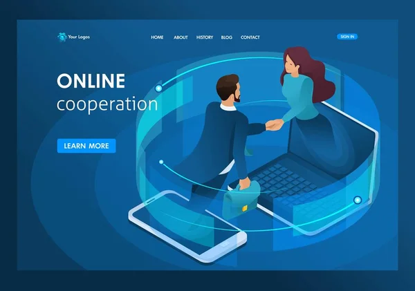 Isometrisk verksamhet, globalt onlinesamarbete mellan stora företag. Landningssida för mall — Stock vektor