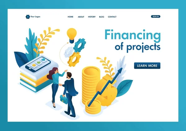 Isometrisk affärsverksamhet finansiellt samarbete mellan investeraren och det kreativa teamet. Landningssida för mall — Stock vektor