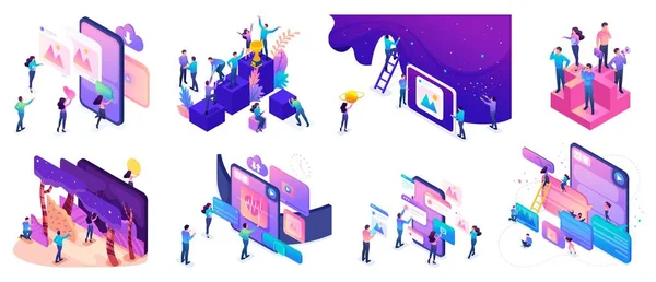 Web siteleri oluşturmak ve mobil uygulamalar geliştirmek için gençler veya genç girişimciler ile izometrik parlak kavramlar