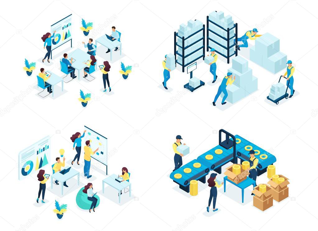 Isometric Set concept warehouse, holding company, business training, industrial enterprise. Modern vector illustration concepts for website