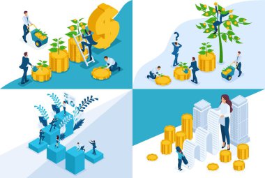 Yatırımın izometrik kavramları, paranın mevduat depolanması, bankacılık hizmetleri. Web sitesi ve mobil uygulama tasarımı için