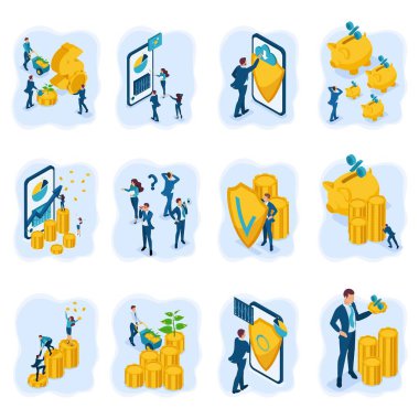 Yatırım, Mevduat, paranın korunması ve korunması isometrik kavramları. Web sitesi ve mobil uygulama tasarımı için
