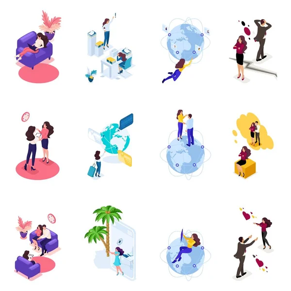 Set of isometric concepts of travel, recreation, communication with a psychologist, family differences . Creating web applications — Stock Vector