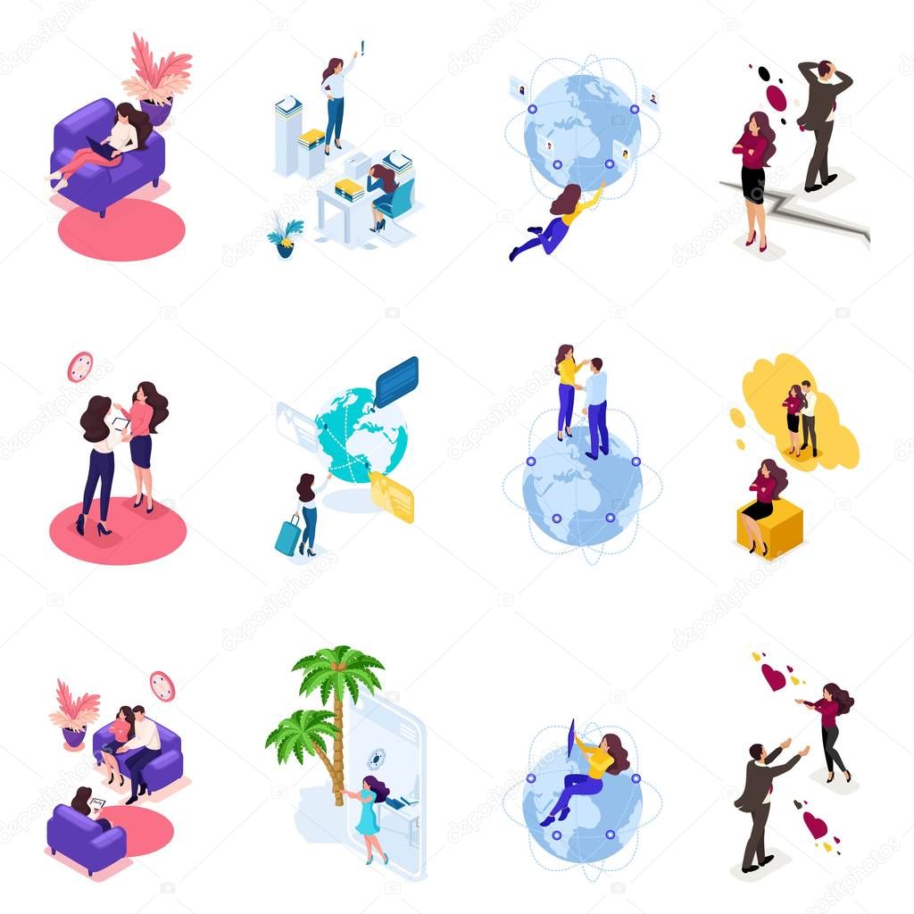 Set of isometric concepts of travel, recreation, communication with a psychologist, family differences . Creating web applications