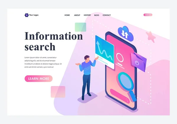 Isometric young man in confusion stands at the phone screen, search for information. Template landing page — Stock Vector