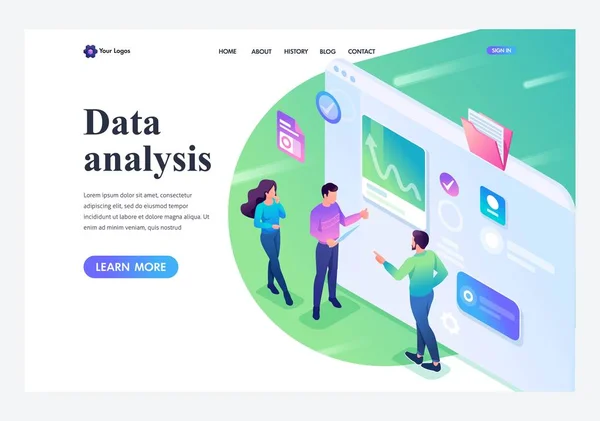 Isometrische jongeren staan en analyseren de gegevens op het tablet scherm. Bestemmingspagina van sjabloon — Stockvector
