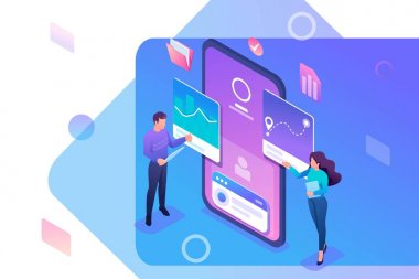 Izometrik gençler cep telefonu ekranının yanında durup programı ve mobil uygulamayı test ediyor. Web tasarımı için konsept