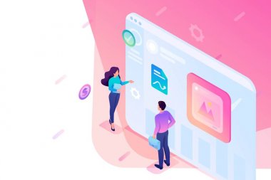 İyometrik gençler sunumlar ve web tasarımı oluşturarak ekranda duruyorlar. Web tasarımı için konsept