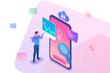 İsometrik genç adam kafa karışıklığı içinde telefon ekranında duruyor, bilgi arıyor. Web tasarımı için konsept