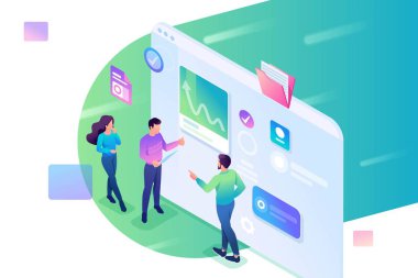 İzometrik gençler tablet ekranındaki verileri diker ve analiz edirler. Web tasarımı için konsept