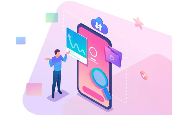 Joven isométrico en la confusión se para en la pantalla del teléfono, la búsqueda de información. Concepto de diseño web — Archivo Imágenes Vectoriales