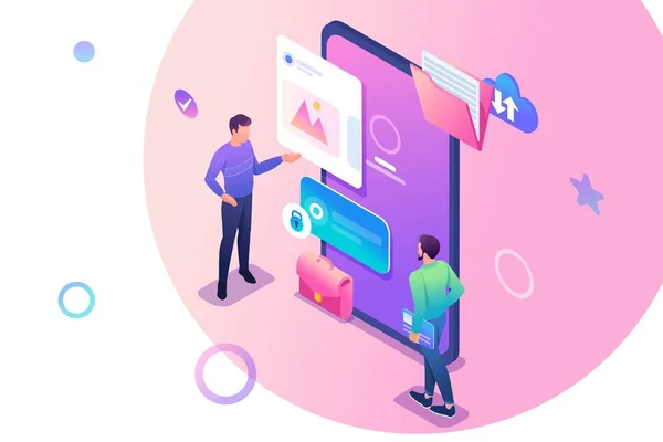 Isometric young men standing near the mobile phone screen, the use of mobile application. Concept for web design — Stock Vector