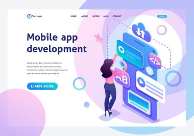 Isometric young girl is engaged in the creation of a mobile application, a teenager working on the phone screen. Template landing page clipart