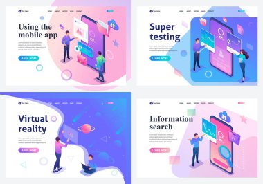 Bir tablet ve cep telefonu ekranında çalışan genç gençler ile bir kavram izometrik açılış sayfaları ayarlayın. Web sitesi ve mobil web sitesi geliştirme için
