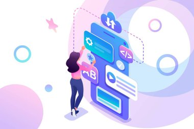 Izometrik genç kız bir mobil uygulama, telefon ekranında çalışan bir genç oluşturulması meşgul. Web tasarımı için konsept