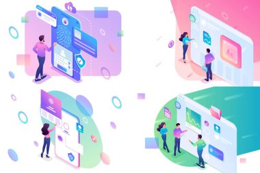 Set izometrik kavramı, bir tablet ve bir cep telefonu ekranında çalışan genç gençler. web sitesi ve mobil web sitesi geliştirme için kavramlar