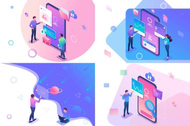 Tablet üzerinde ve cep telefonu ekranında çalışan genç gençlerle izometrik konsepti ayarlayın. Web sitesi ve mobil web sitesi geliştirme için