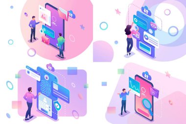 Genç gençler bilgi arama ve koruma, mobil uygulama geliştirme ile izometrik kavramı ayarlayın. Web sitesi ve mobil uygulama geliştirme için