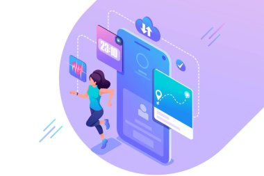İzometrik kavram Genç kız çalışan, Program akıllı telefonunuzda uygulama üzerinden onu egzersiz izler. Web tasarımı için konsept