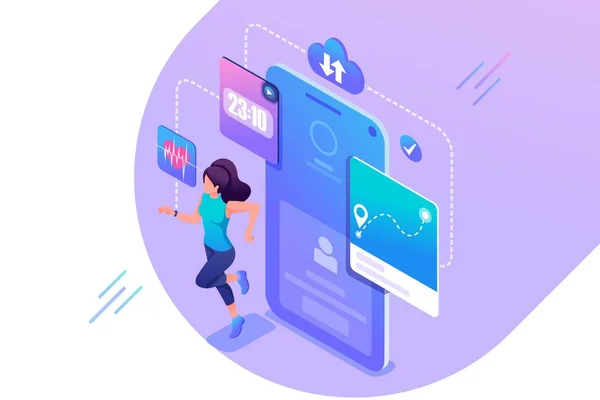 Concepto isométrico Chica joven corriendo, el programa rastrea su entrenamiento a través de la aplicación en su teléfono inteligente. Concepto de diseño web — Archivo Imágenes Vectoriales