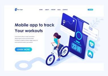 Isometrik konsept mobil uygulama egzersiz izlemek için, kız çalışan. Üstbilgi kavramı. Web sitesi için şablon açılış sayfası
