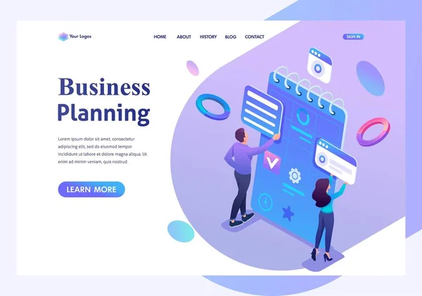 Concepto isométrico Los jóvenes emprendedores se dedican a la preparación de la planificación de negocios para el mes.Página de destino de la plantilla para el sitio web — Archivo Imágenes Vectoriales