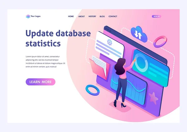 Conceito isométrico jovem atualiza os dados estatísticos, trabalhando na grande tablet.Template landing page para o site —  Vetores de Stock
