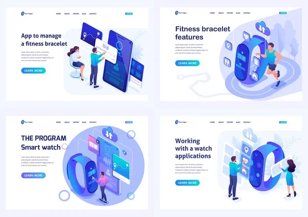 设置等轴测着陆页、适用于智能手表和健身腕带的移动应用程序测试概念。用于网站和移动应用开发 — 图库矢量图片
