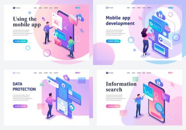 Set izometrik açılış sayfaları, genç gençler bilgi arama ve koruma, mobil uygulama geliştirme ile bir kavram. Web sitesi ve mobil uygulama geliştirme için