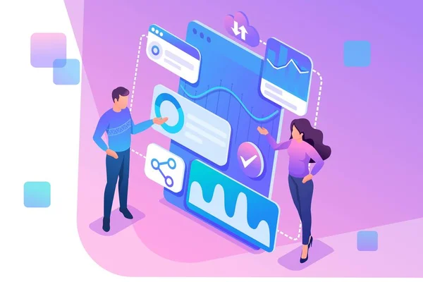 İzometrik kavram Genç girişimciler raporları gözden geçirip verileri analiz ediyor. Web tasarımı için konsept