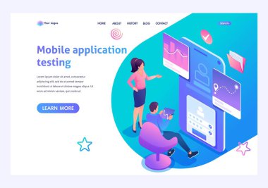 Izometrik kavram gençler mobil uygulama, programın çalışmaları test meşgul. Web sitesi için şablon açılış sayfası