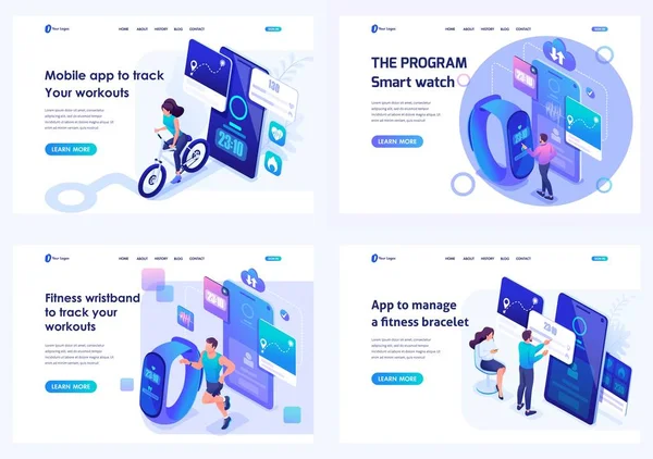 Ställ in isometriska landningssidor, mobilappar för att spåra träningspass, löpning, Cykling för idrottare. För utveckling av webbplatser och mobilappar — Stock vektor