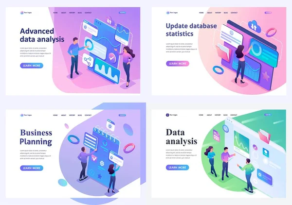 Set isometric landing pages, Young people collect and analyze data, make business plans. For website and mobile apps development — Stock Vector