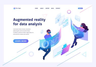 İzometrik kavram Gençler veri analizi için artırılmış gerçeklik ve sanal gözlük kullanırlar. Web sitesi için şablon açılış sayfası